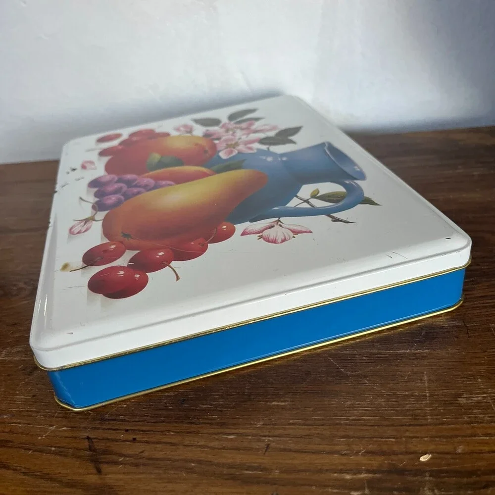 VTG Retro Fruit & Floral Metal Storage Tin England Cottage Kitchen Farmhouse Box